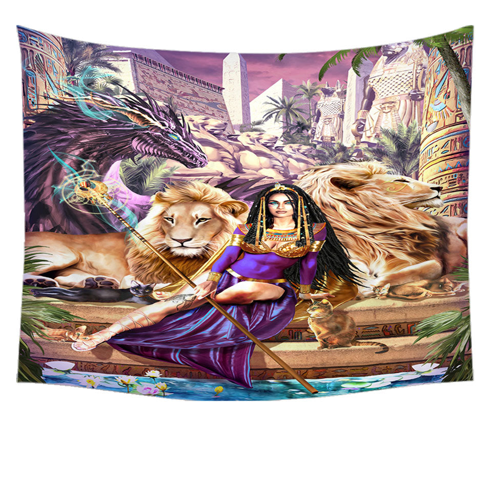 Egyptian Art Lions Dragon and Princess Cleopatra Tapestry