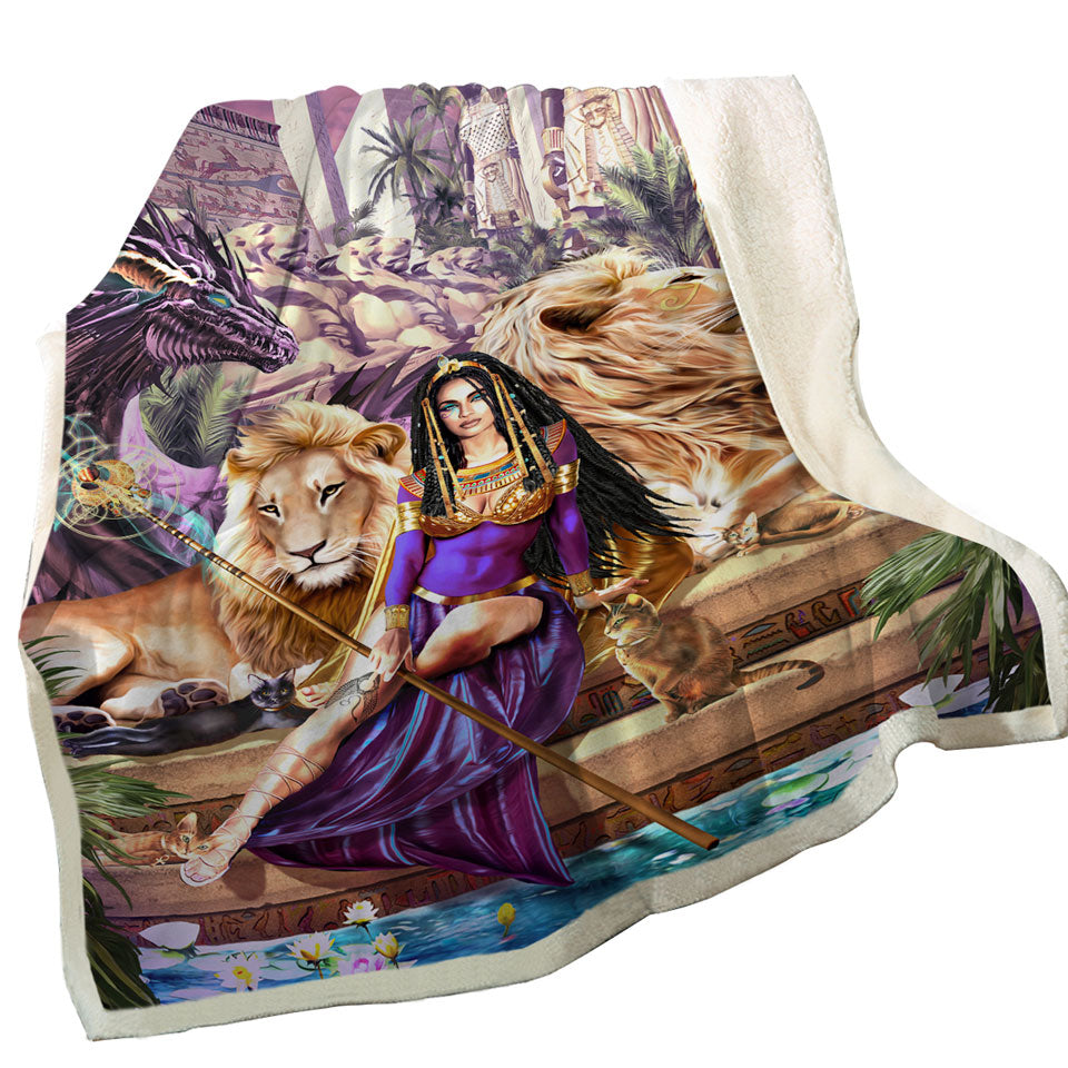 Egyptian Art Lions Dragon and Princess Cleopatra Throw Blanket