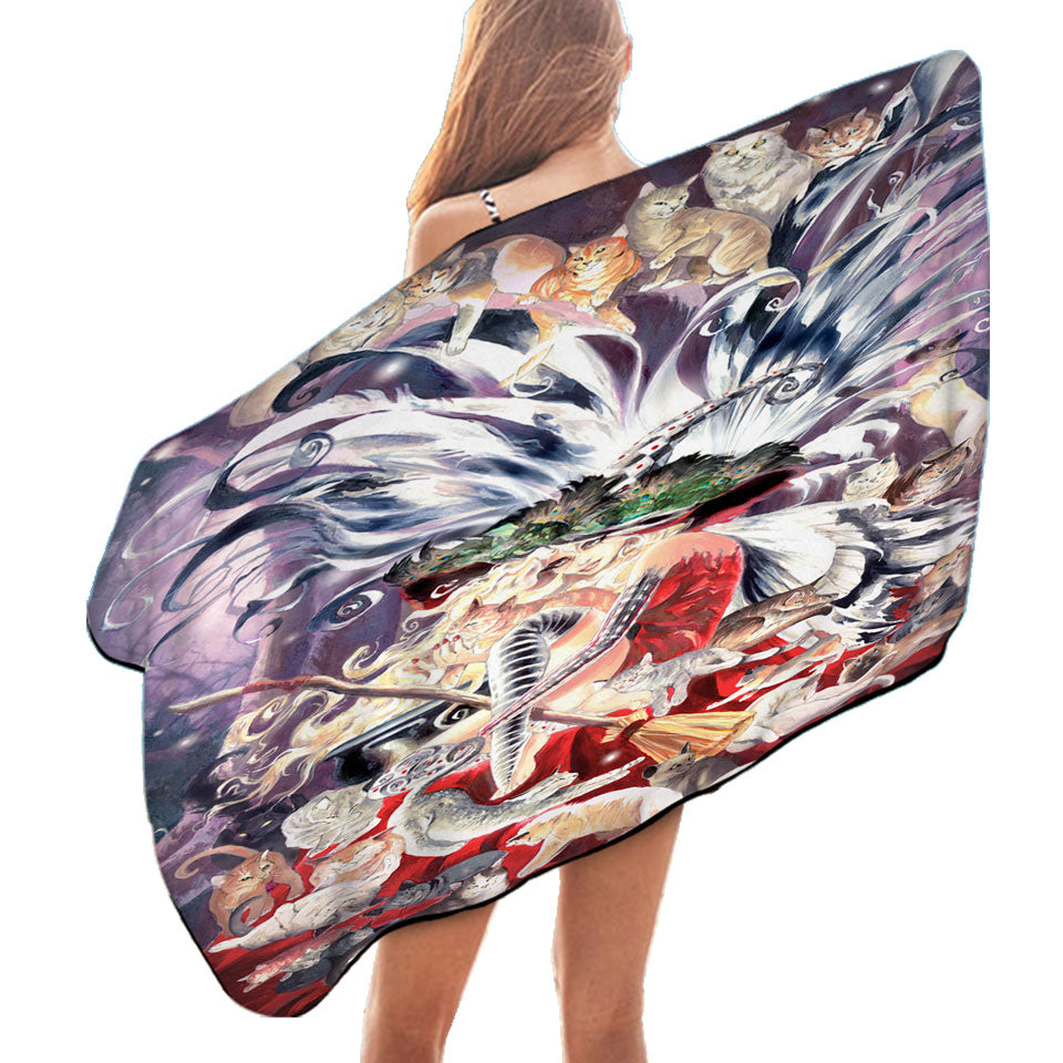 Fairytale Beach Towels Art Faerie Witch of Cats