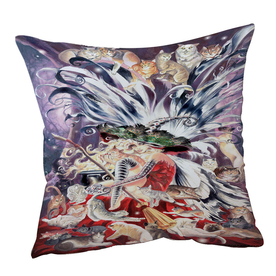 Fairytale Throw Pillows Art Faerie Witch of Cats