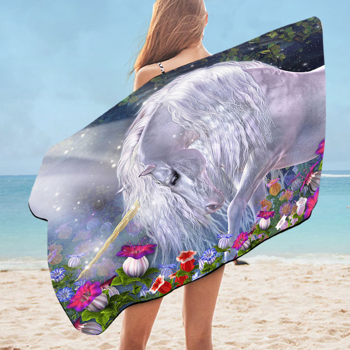 Fantasy Art Beautiful Flowers and Pure White Unicorn Pool Towels