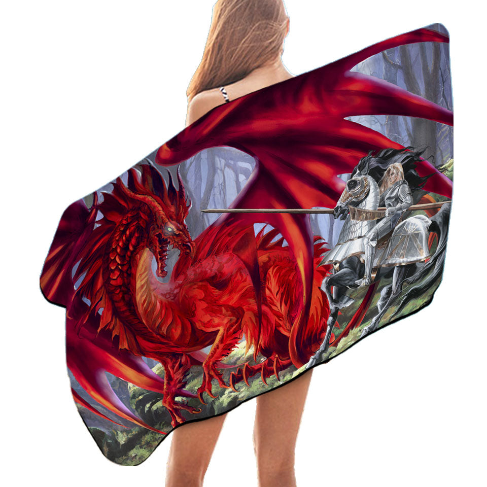 Fantasy Art Blood Lust Knight vs Red Dragon Microfiber Beach Towel