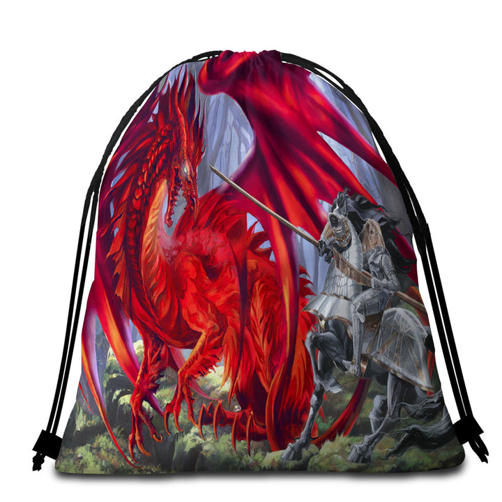 Fantasy Art Blood Lust Knight vs Red Dragon Packable Beach Towel