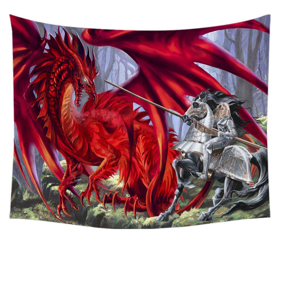 Fantasy Art Blood Lust Knight vs Red Dragon Tapestry