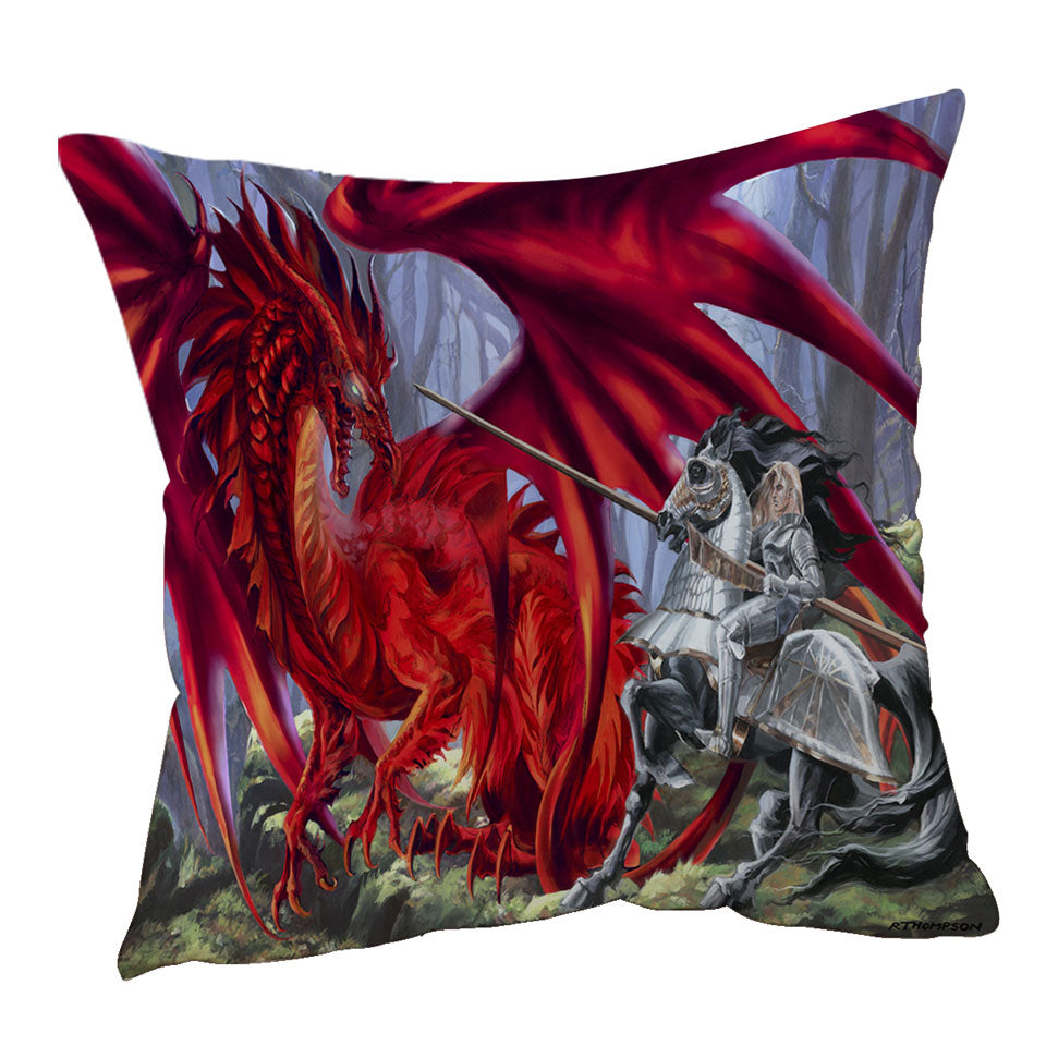 Fantasy Art Blood Lust Knight vs Red Dragon Throw Pillow