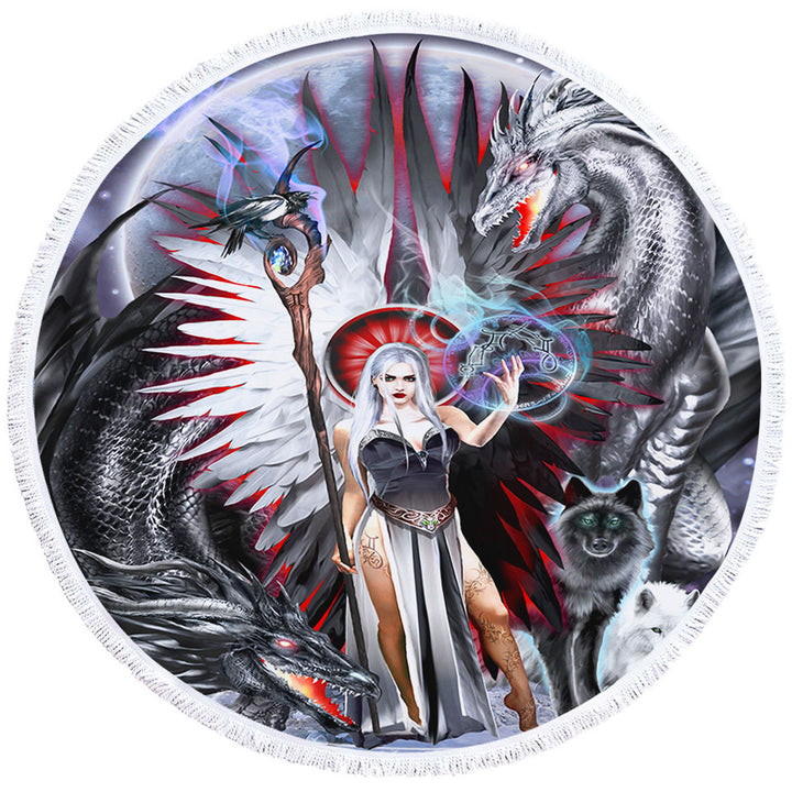 Fantasy Art Round Beach Towel Gemini Cool Angel and Friends