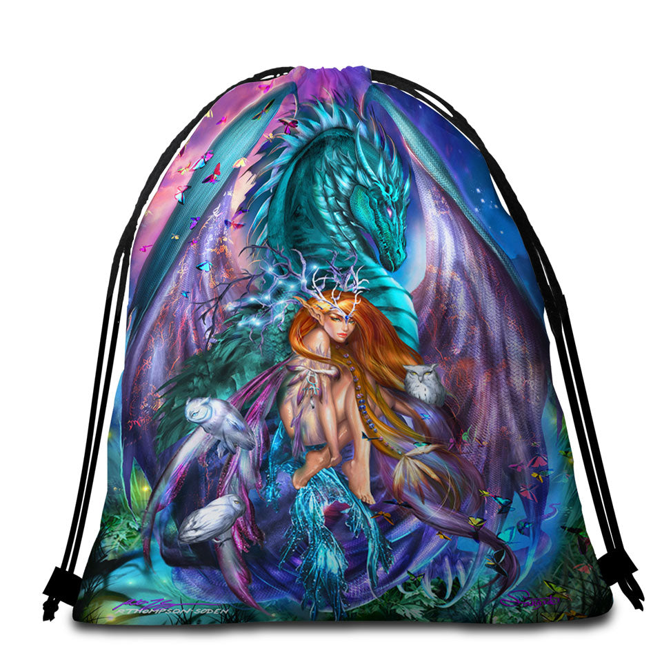 Fantasy Beach Towel Bags Virgo Design Fairy and Dragon