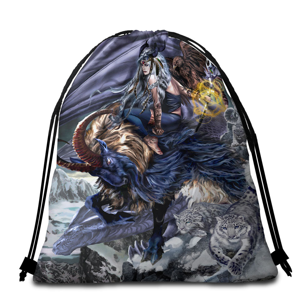 Fantasy Beach Towels and Bags Set Aries Warrior and Legendary Creatures