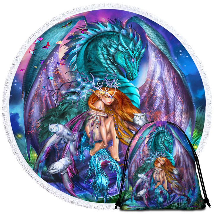 Fantasy Circle Towel for the Beach with Virgo Design Fairy and Dragon