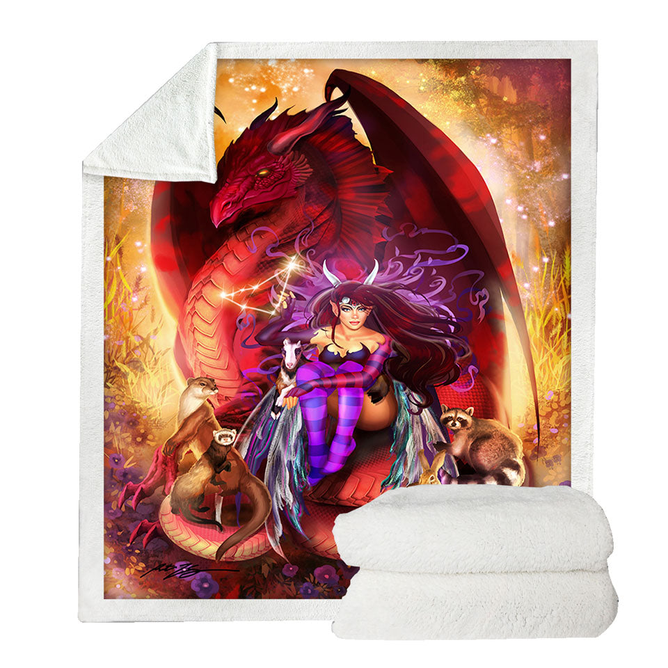 Fantasy Couch Blankets Scene Red Dragon Fairy and Animal Friends