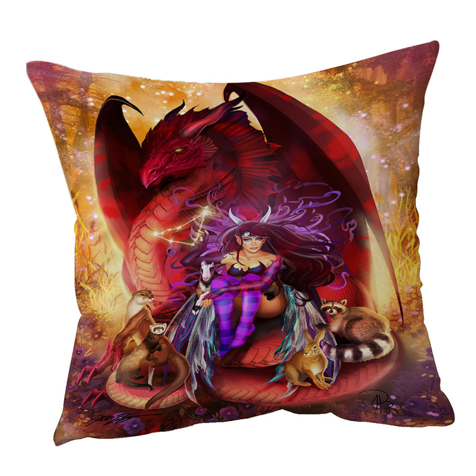 Fantasy Cushions Covers Scene Red Dragon Fairy and Animal Friends