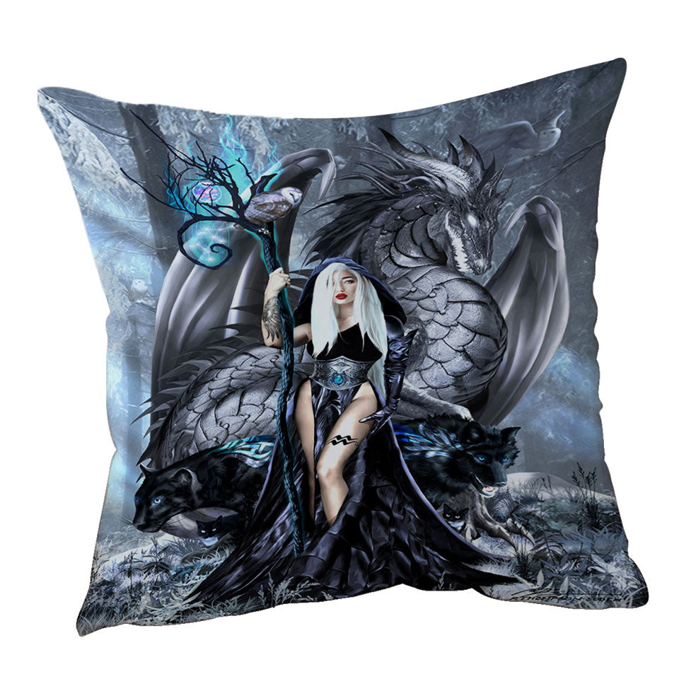 Fantasy Digital Art Cushion Covers with Aquarius Witch and Dragon