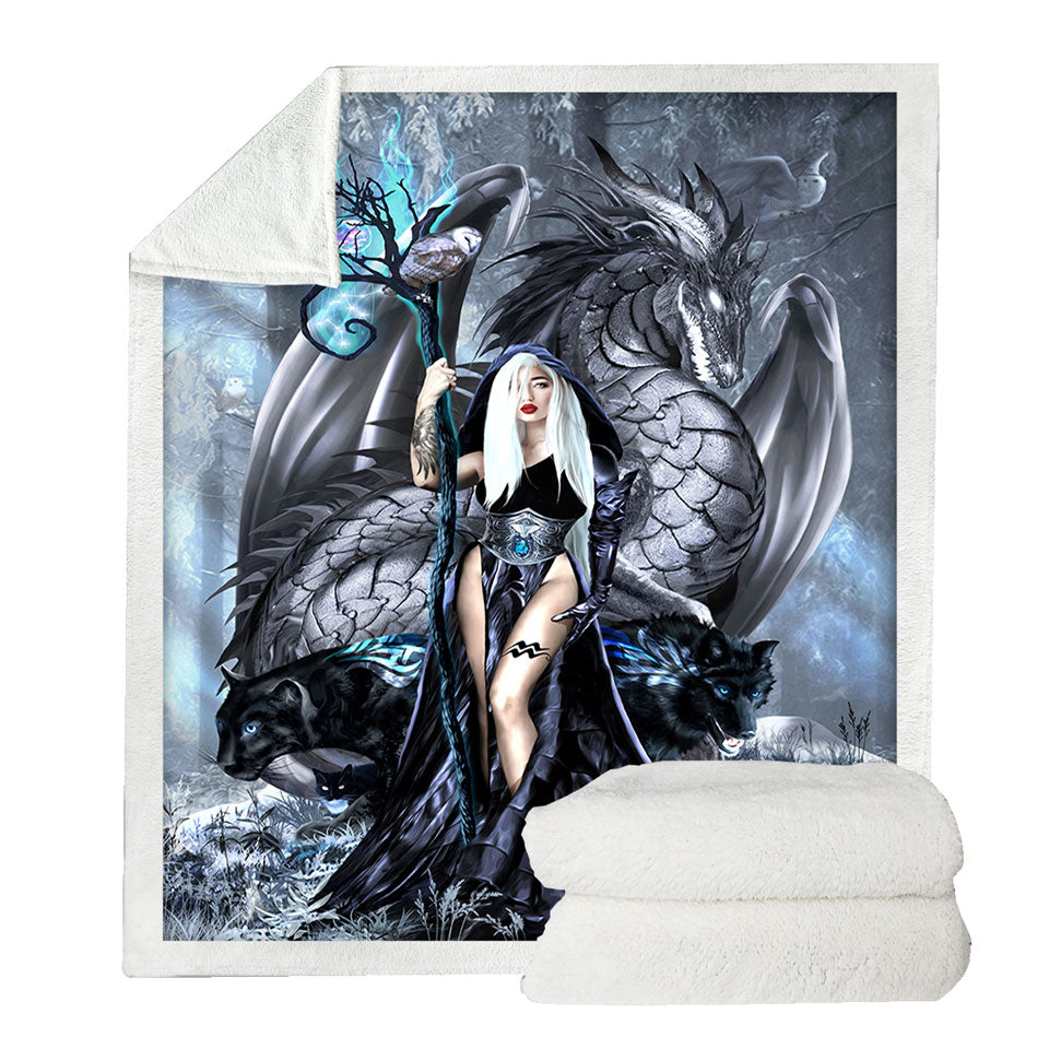 Fantasy Digital Art Unique Throws with Aquarius Witch and Dragon