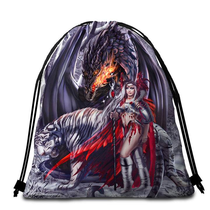 Fantasy Dragon Tiger and Beautiful Girl Warrior Beach Towel Bags