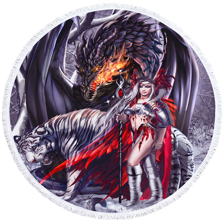 Fantasy Dragon Tiger and Beautiful Girl Warrior Circle Beach Towel