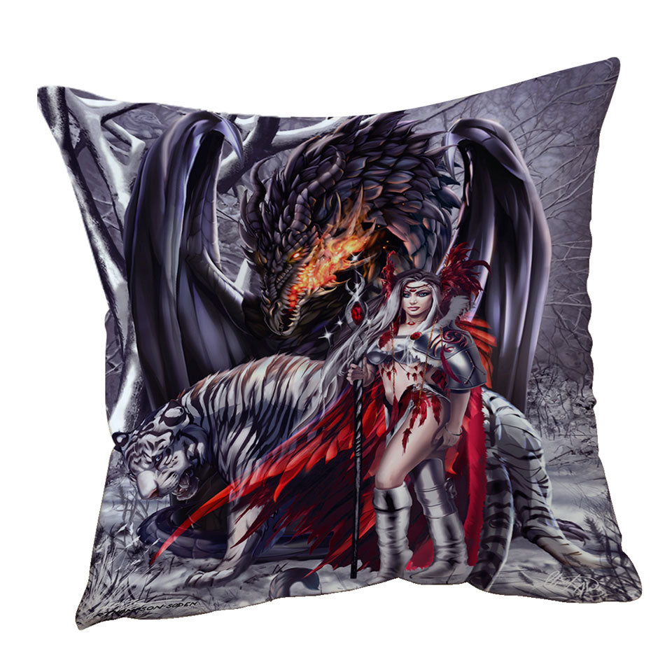 Fantasy Dragon Tiger and Beautiful Girl Warrior Cushions