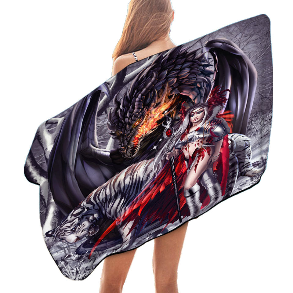 Fantasy Dragon Tiger and Beautiful Girl Warrior Pool Towel