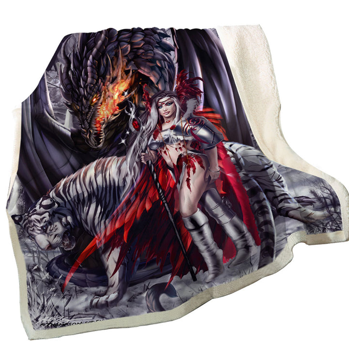 Fantasy Dragon Tiger and Beautiful Girl Warrior Sherpa Blanket