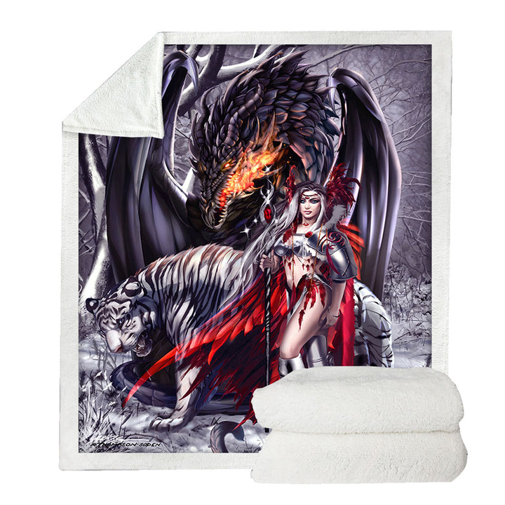 Fantasy Dragon Tiger and Beautiful Girl Warrior Sofa Blankets