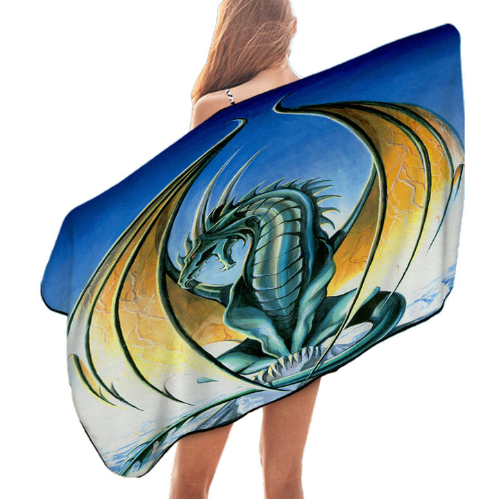 Fantasy Drawings Aerie Green Yellow Dragon Pool Towels