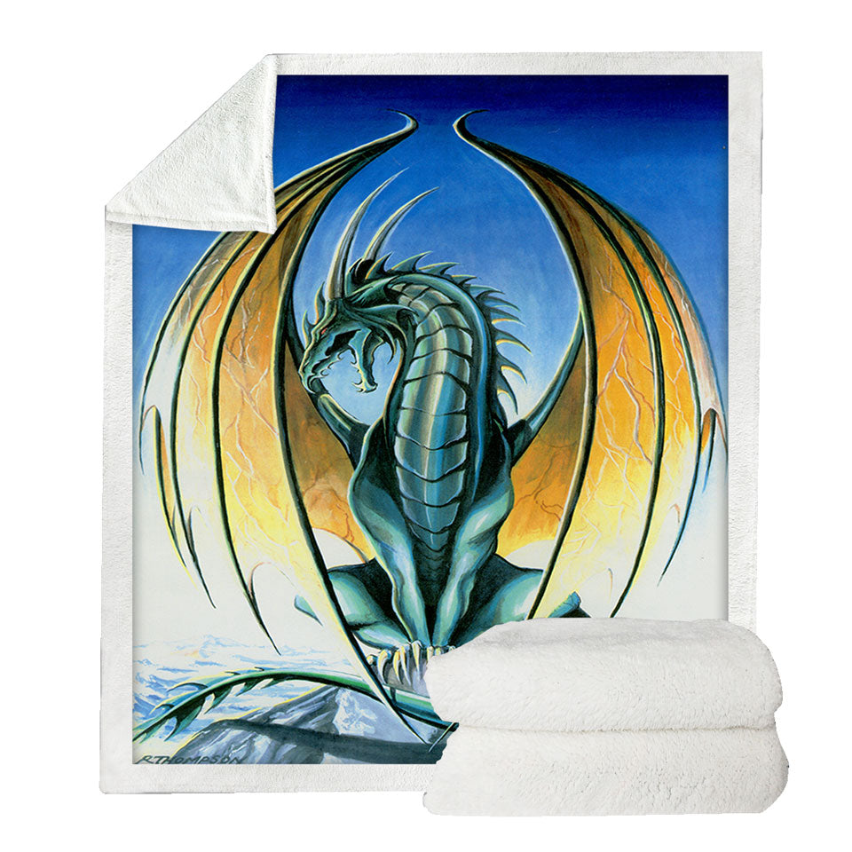 Fantasy Drawings Aerie Green Yellow Dragon Sherpa Blanket