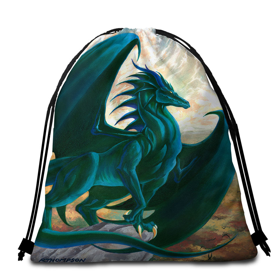 Fantasy Painting Green Dragon on Cliff Beach Towel Bags