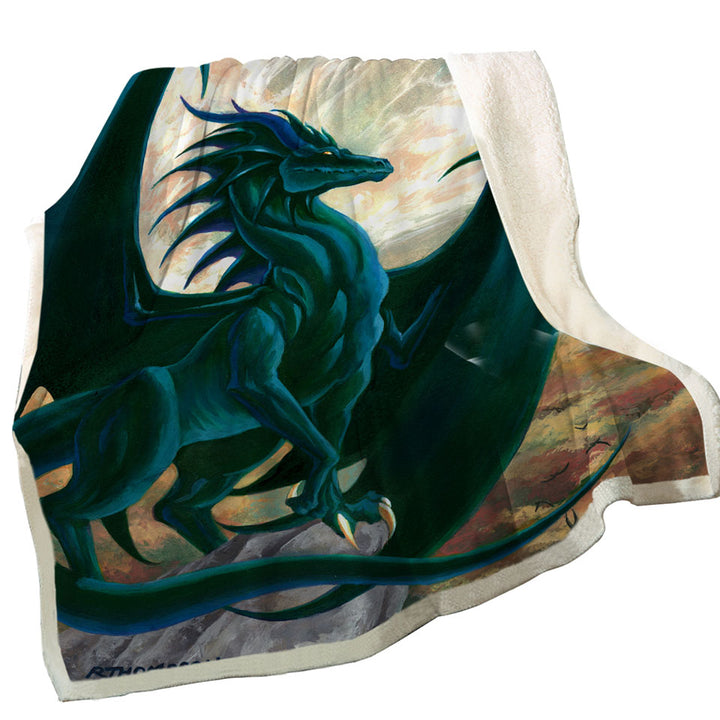 Fantasy Painting Green Dragon on Cliff Blankets