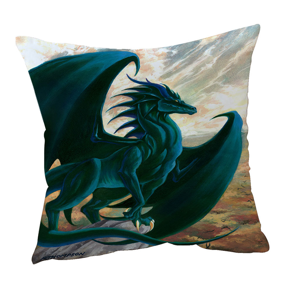 Fantasy Painting Green Dragon on Cliff Cushion