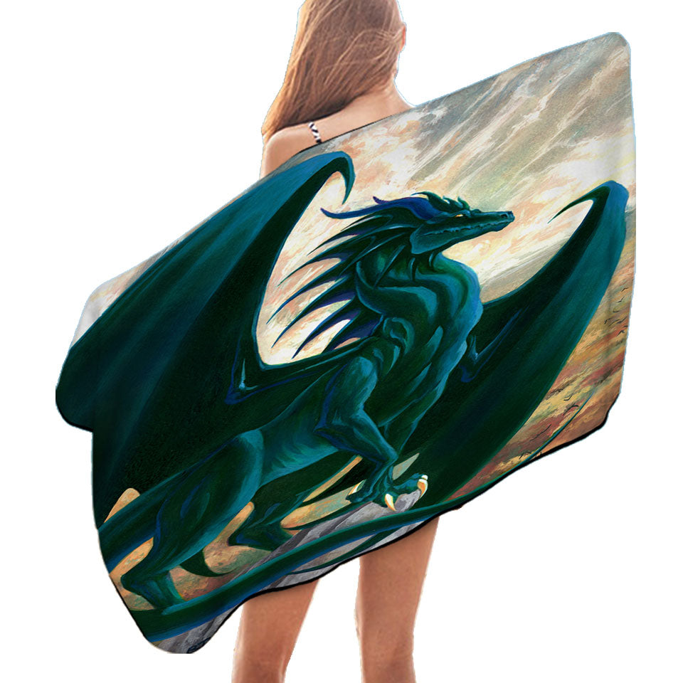 Fantasy Painting Green Dragon on Cliff Microfiber Beach Towel