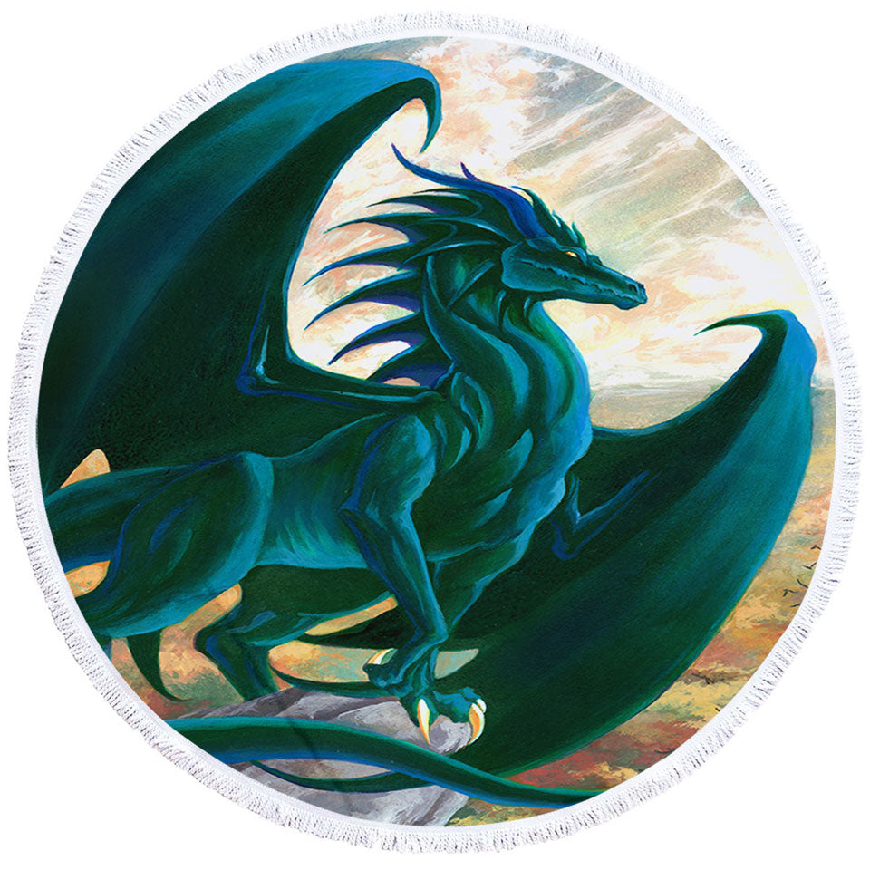 Fantasy Painting Green Dragon on Cliff Round Beach Towel