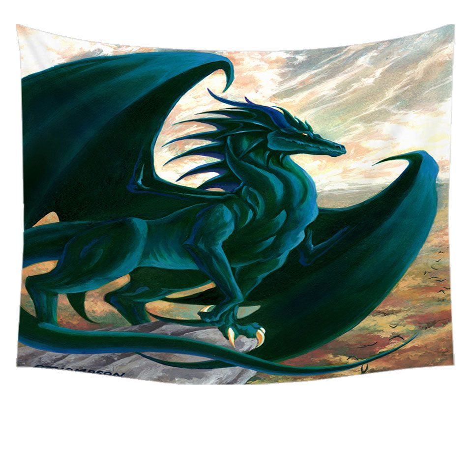 Fantasy Painting Green Dragon on Cliff Tapestry