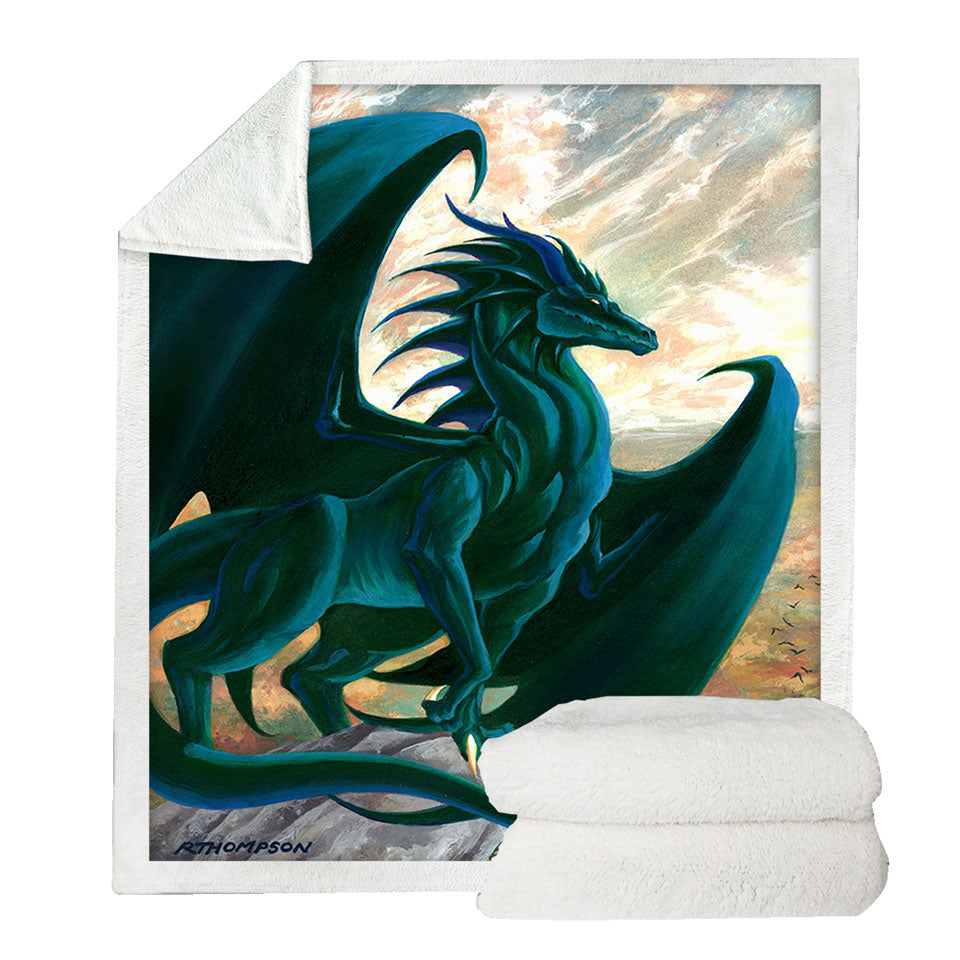 Fantasy Painting Green Dragon on Cliff Unique Throws