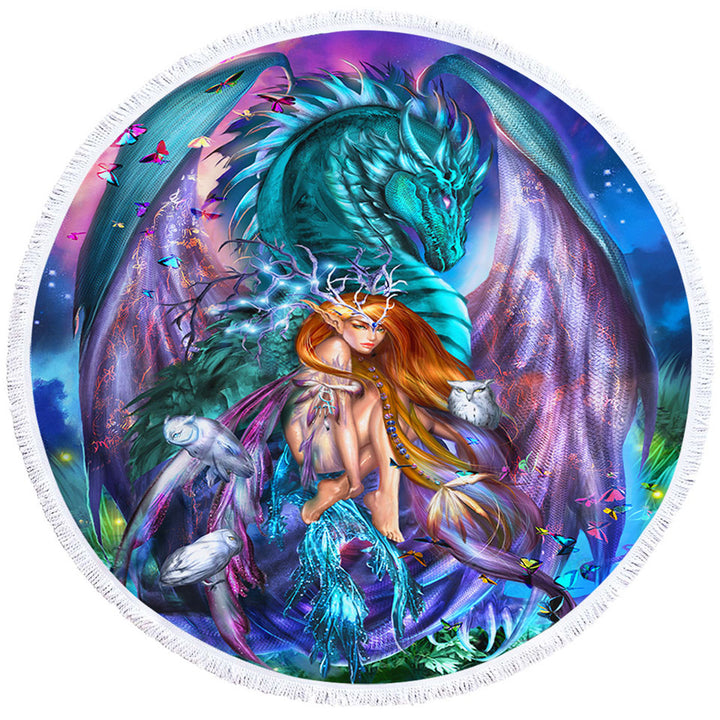 Fantasy Round Towel Virgo Design Fairy and Dragon