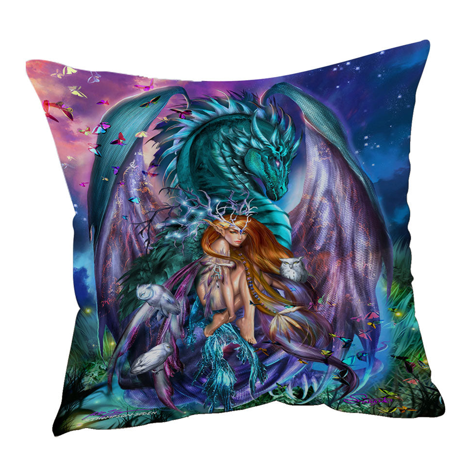 Fantasy Throw Pillow Cover Virgo Design Fairy and Dragon