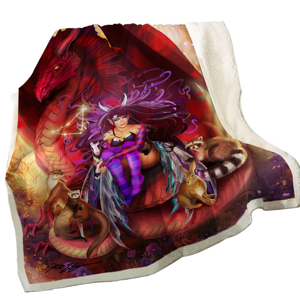 Fantasy Throws Scene Red Dragon Fairy and Animal Friends