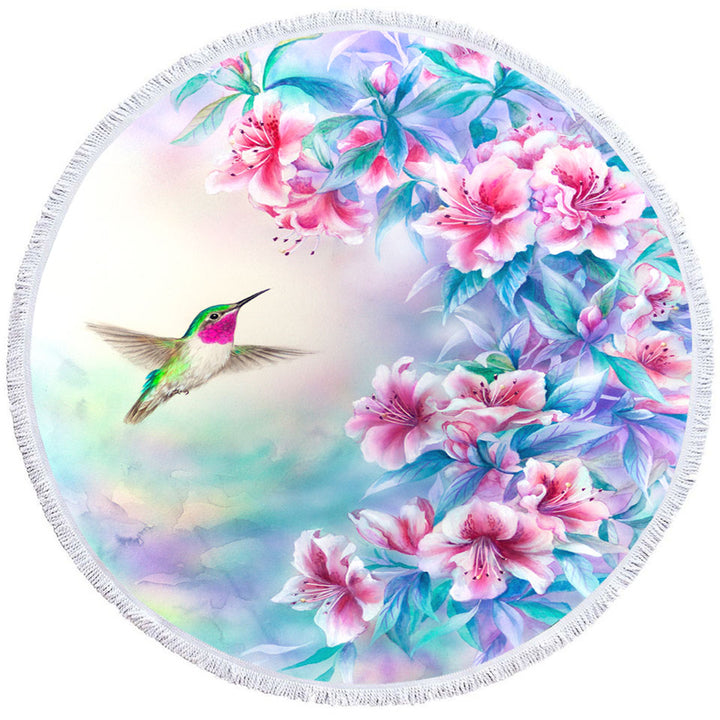 Flower Art Pinkish Hibiscus and Hummingbird Round Beach Towel