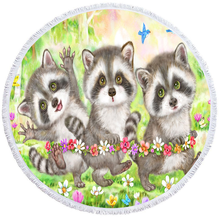 Flowers and Three Raccoons Circle Beach Towel