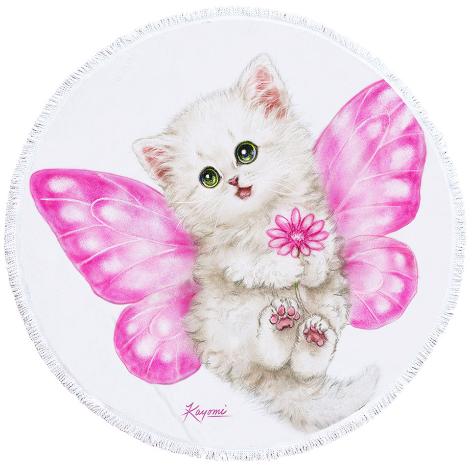 Fun Cats Cute Pink Fairy Kitten Round Beach Towel