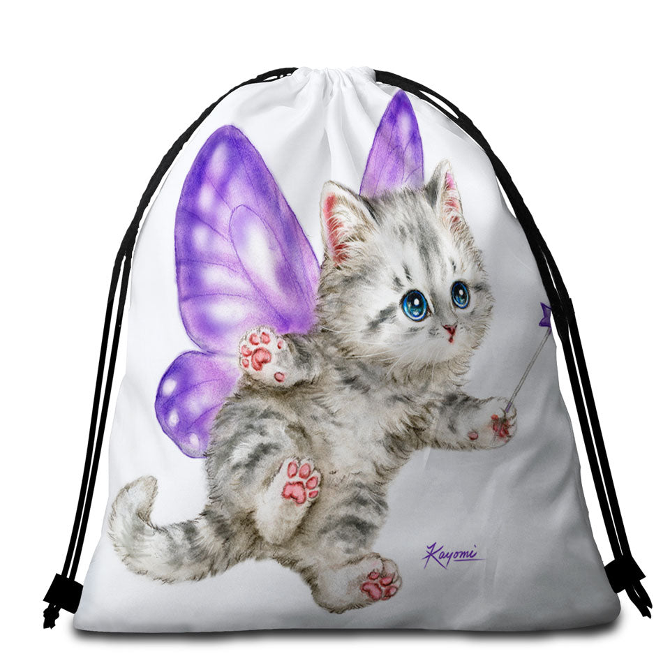 Fun Packable Beach Towel with Cats Cute Purple Fairy Kitten