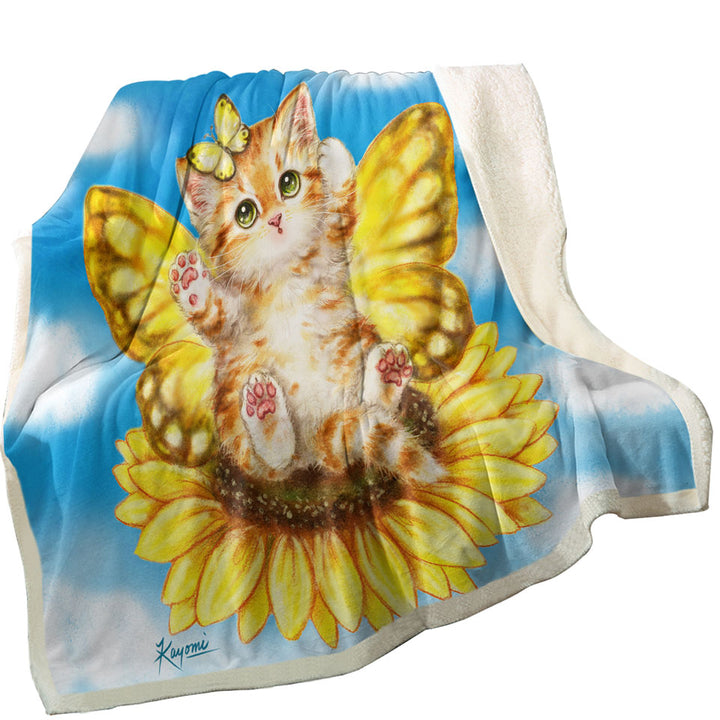 Fun Sherpa Blanket with Cats Cute Yellow Sunflower Fairy Kitten