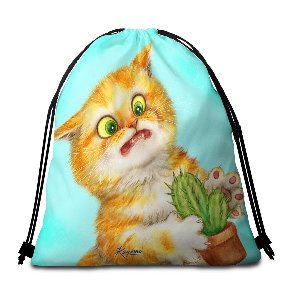 Funny Beach Towel Bags Ginger Cat Playing with a Cactus