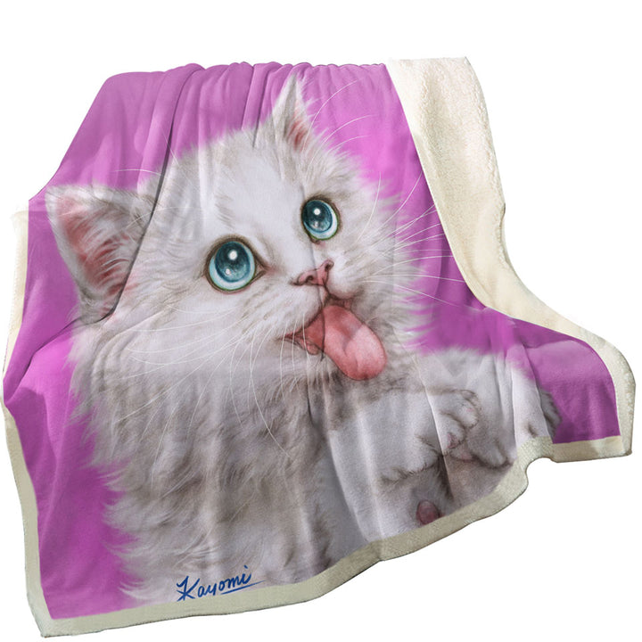 Funny Cats Hungry White Kitty Cat over Pink Fleece Blankets