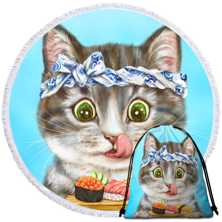 Funny Cats Round Beach Towel Paintings Sushi Lover Kitten