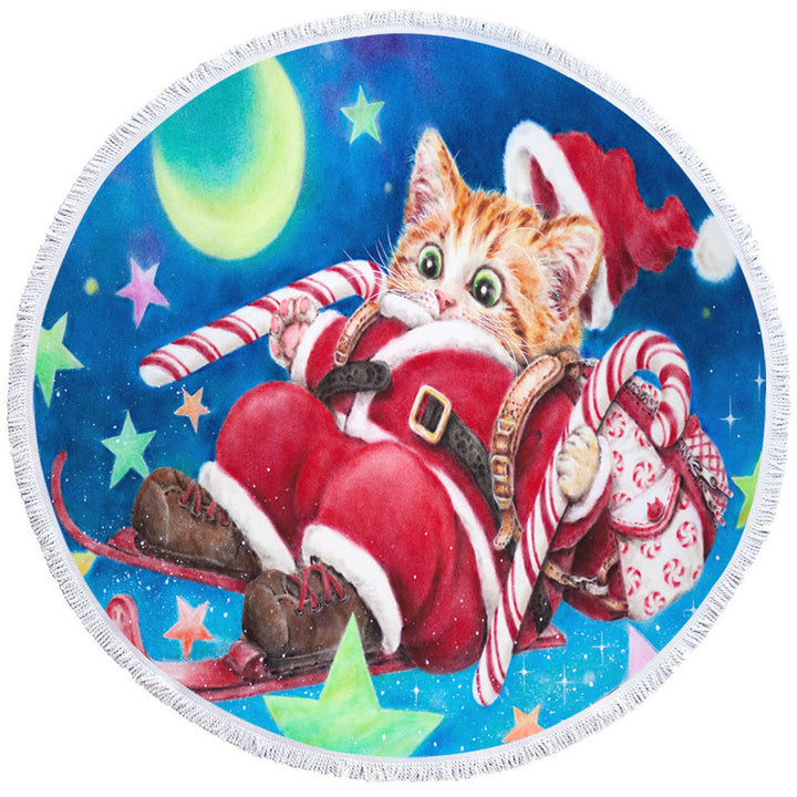 Funny Christmas Cats Skiing Kitten Santa Circle Beach Towel