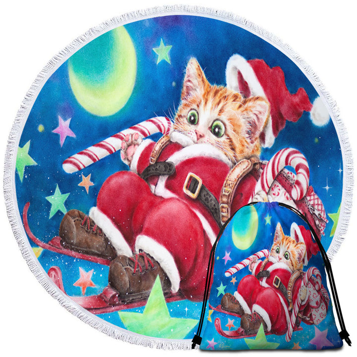 Funny Christmas Cats Skiing Kitten Santa Round Beach Towel