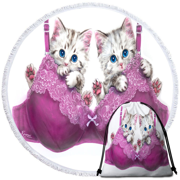 Funny Circle Beach Towel Cats in Purple Bra Cute Grey Kittens