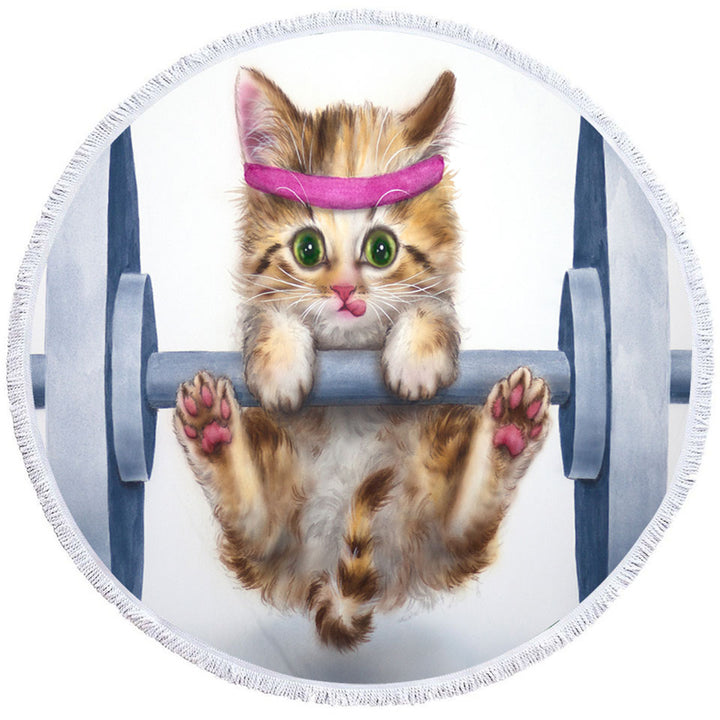 Funny Cute Cat Lifting Weights Circle Beach Towel