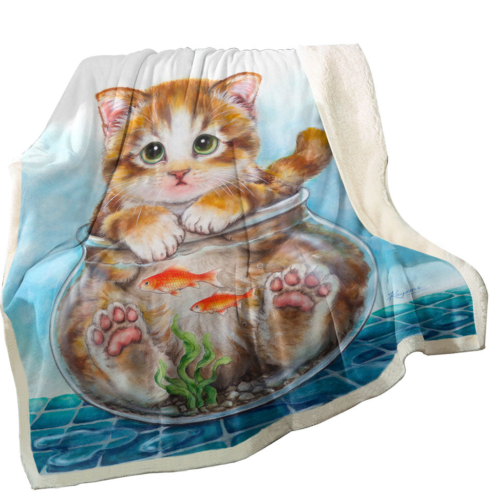 Funny Cute Throws Cats Design Ginger Kitten in Fish Bowl