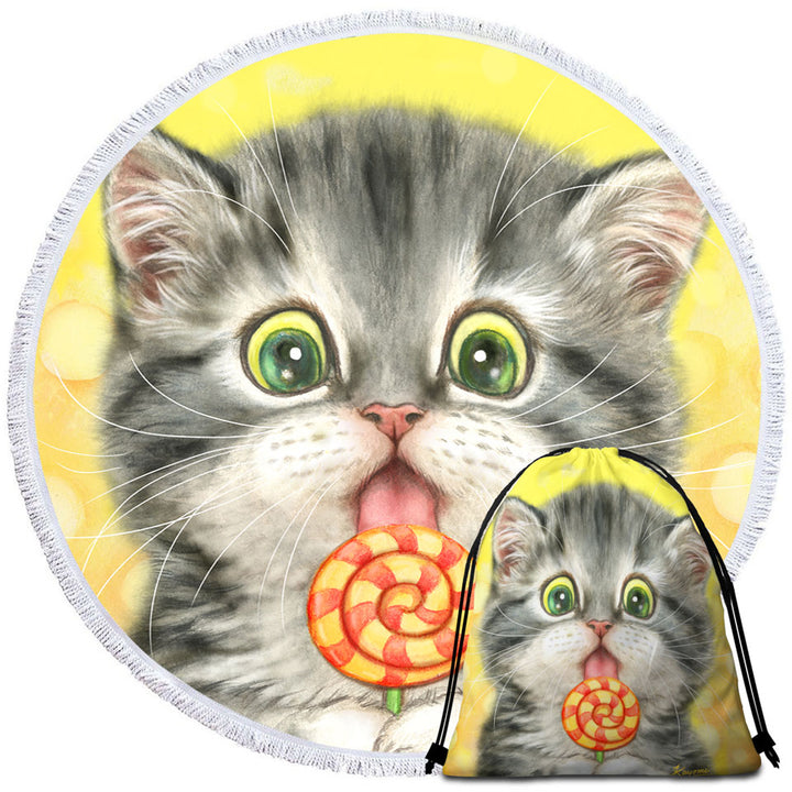 Funny Kids Designs Beach Towels on Sale Licking Lollipop Kitty Cat