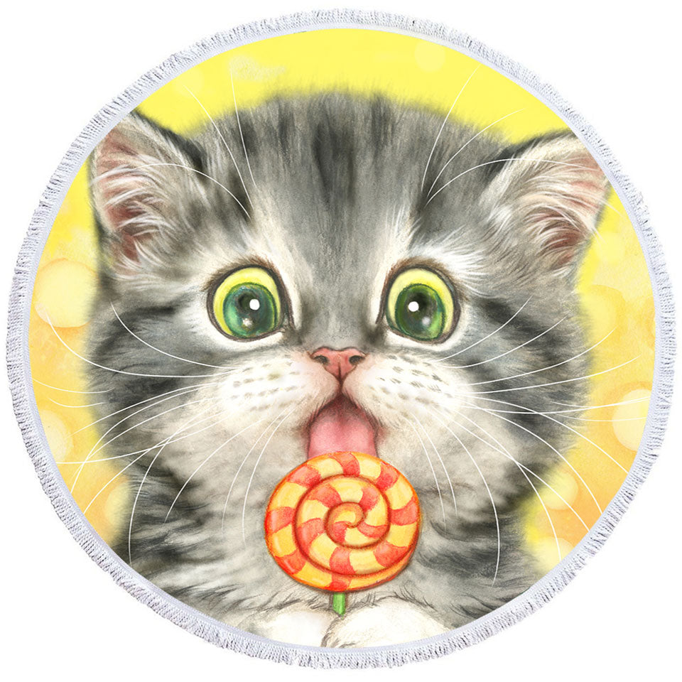 Funny Kids Designs Circle Beach Towel Licking Lollipop Kitty Cat